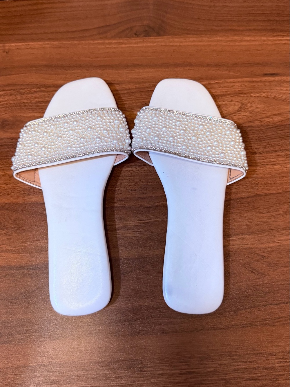 TOP Moda White Pearl Embellished Slide Sandals - Women